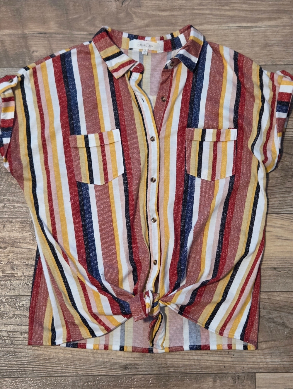 Eden & Olivia Multistripe Tie-Front Shirt in Red, Navy & Mustard Size M